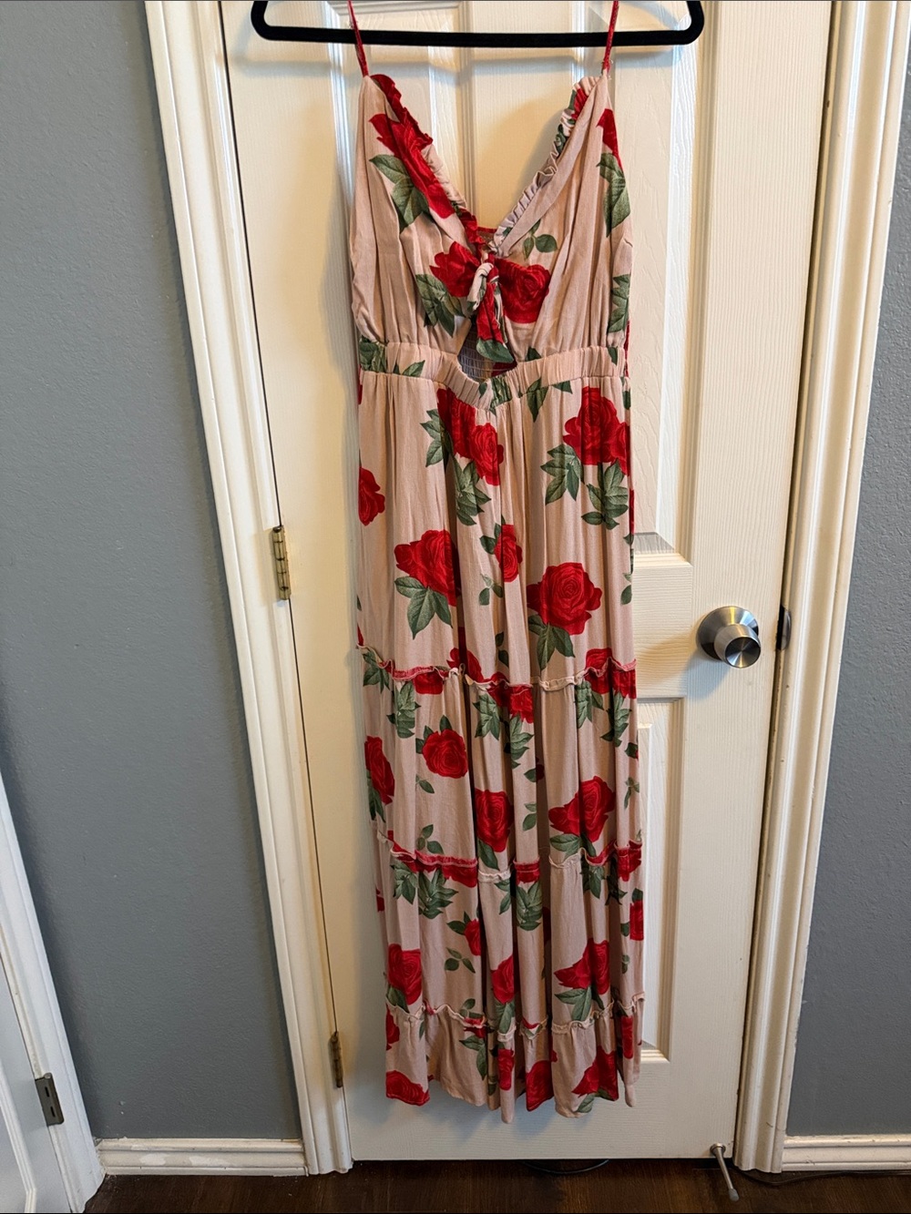 Blush Floral Tie-Front Maxi Dress with Red Roses